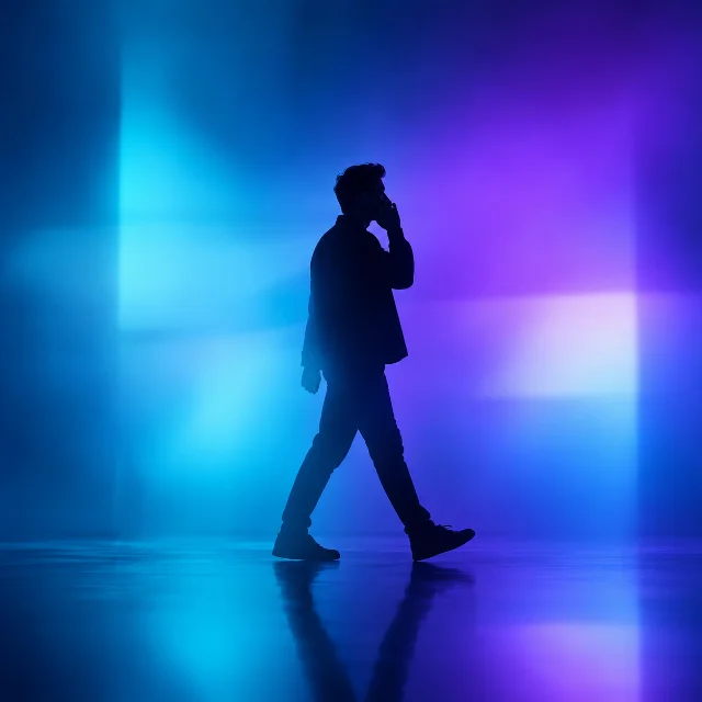 Person on a phone call walking through violet and cyan light