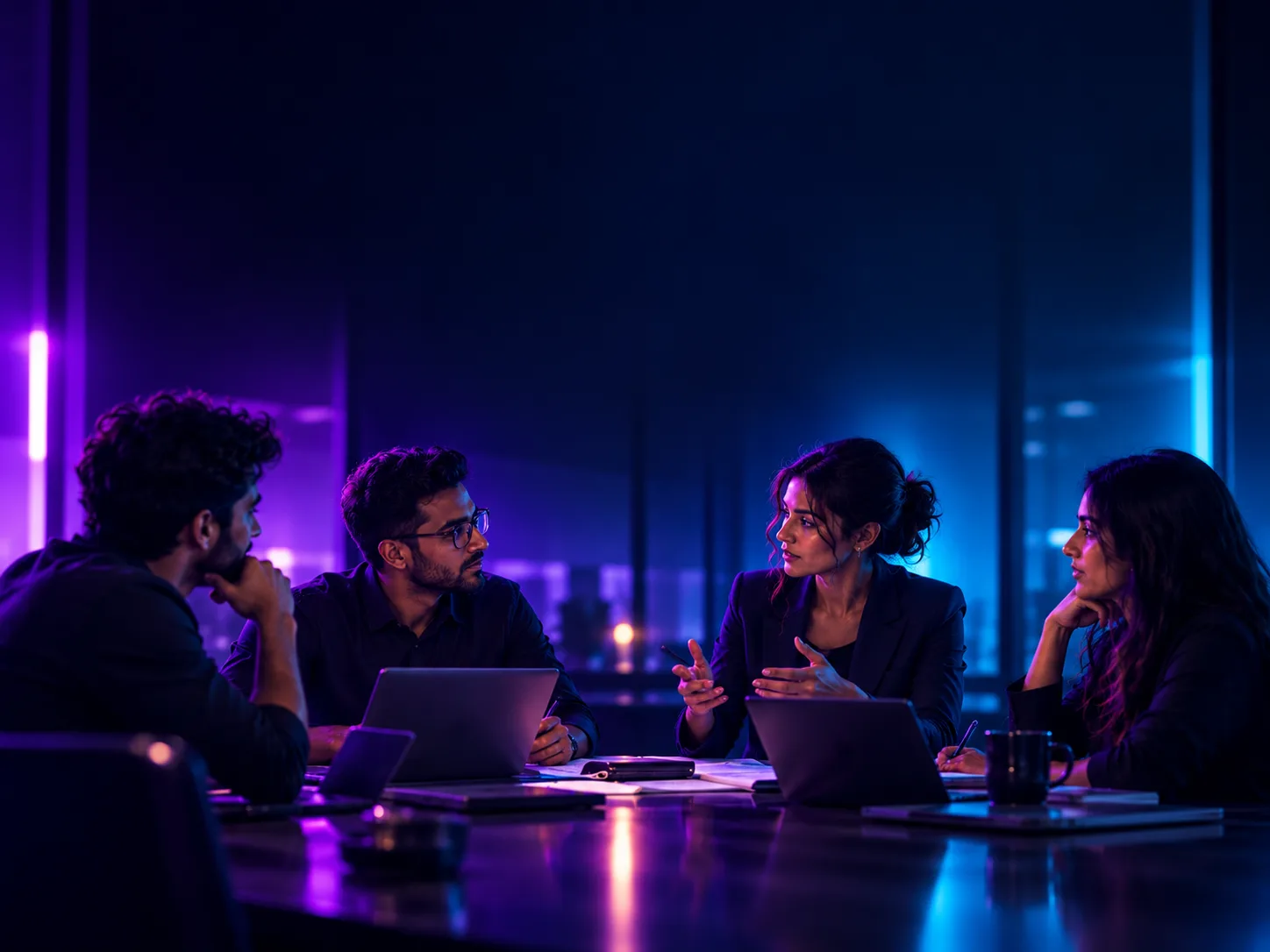 The Telconode team in discussion around a table, lit in violet and cyan