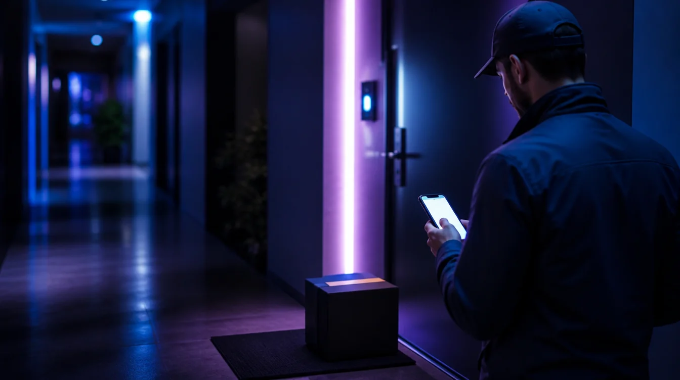 Courier marking a parcel delivered at a doorstep