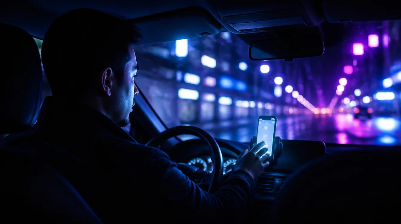 Ride-hailing driver checking his phone at night